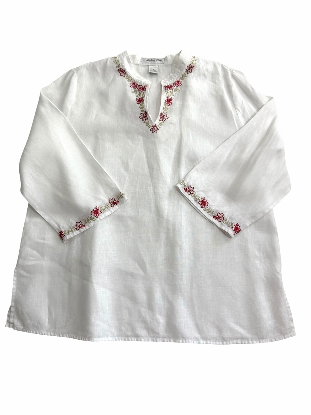 White Linen Floral Embroidered Top Size 16 Boho Peasant Tunic Breathable Summer - Picture 3 of 11